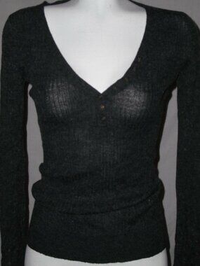 Charcoal Gray Ribbed V-Neck Sweater Button Detail Long Sleeves Slim Fit Size S